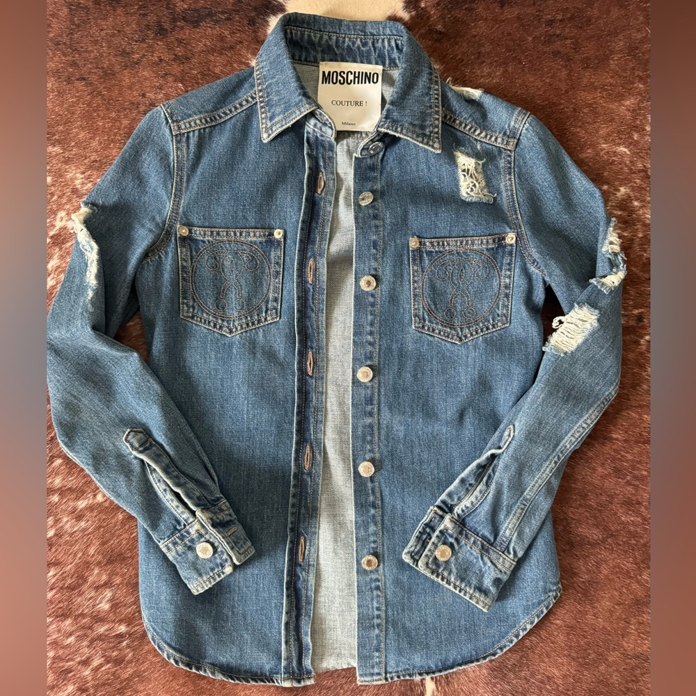EUC Moschino Couture Distressed Denim Jean Shirt Jacket Size 2 X small Italy